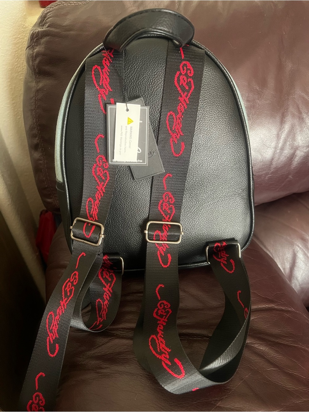 Black Leather Mini Backpack with Red Script Straps by (Unknown)